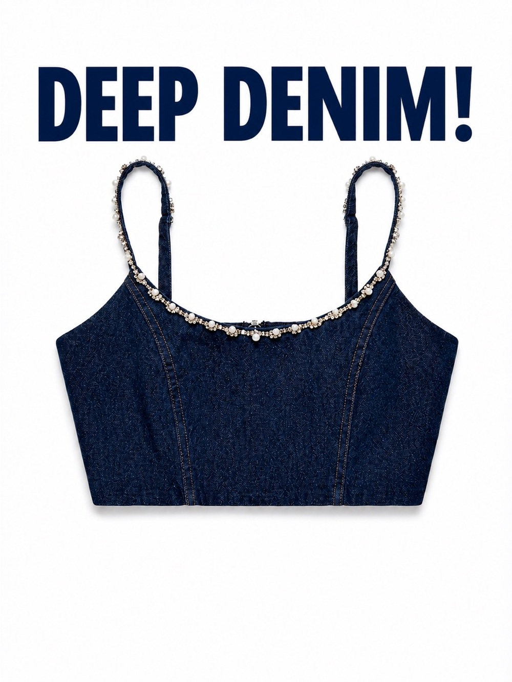 Windsor Dark Wash Denim Crop Top Bralette with Rhinestone & Faux Pearls